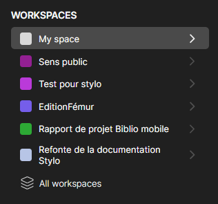 Menu to access workspaces