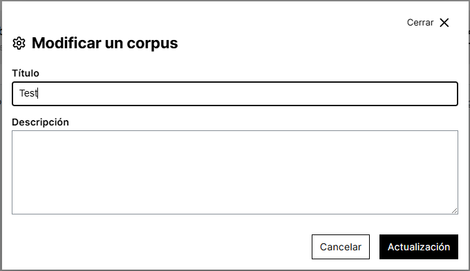 Formulario de edición de la información del corpus