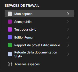 Menu pour accéder aux espaces de travail